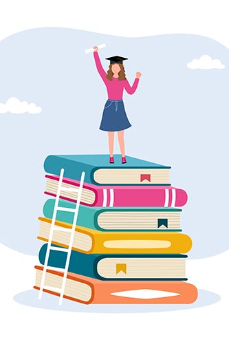 illustration of student standing on pile of books