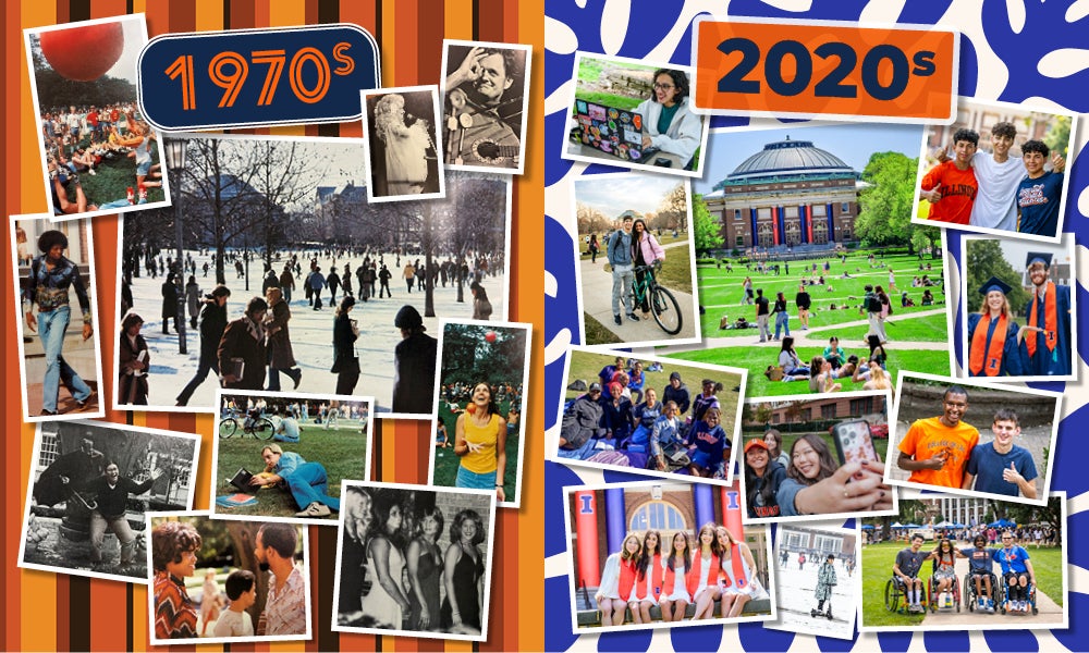 Side by side of images of the Quad from  the 1970's to the 2020's.