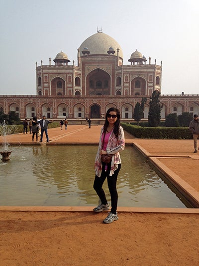 Lindsey poses by the Humayuns Tomb in Delhi