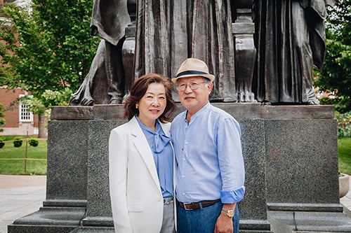 Max and Bonnie Kim near the Alma Mater