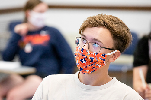 Student in mask in classroom