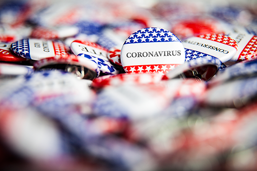 Political buttons marked coronavirus