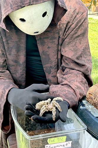 Student with spider from petting zoo