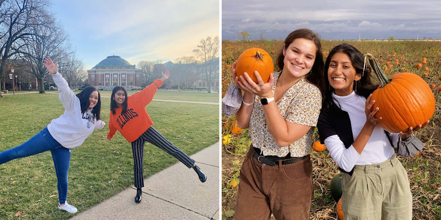 Two photographs: Alisha and a friend on the Main Quad, dressed in Illini gear. Alisha and a friend at Curtis Orchard, holding pumpkins.