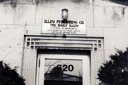 Exterior of Illini Hall with Daily Illini sign