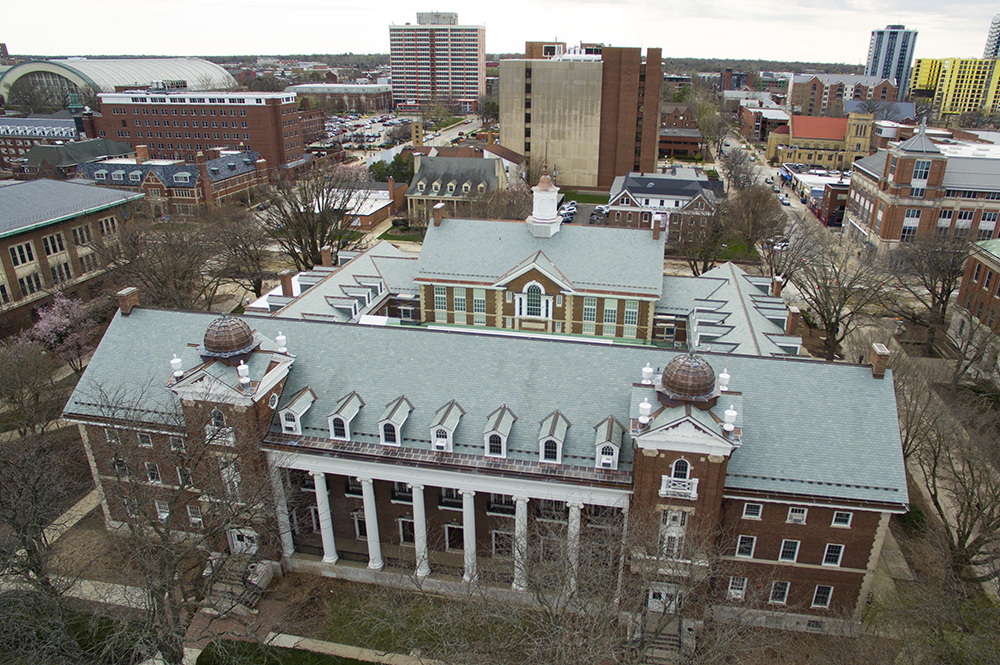 English building roof, aerial view