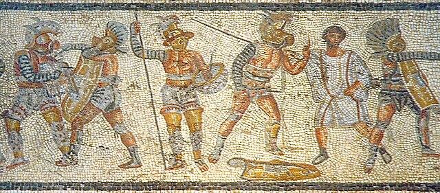 A section of the Zliten mosaic, an ancient Roman artwork depicting gladiators in combat.