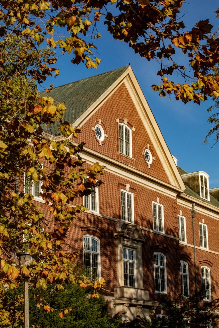 A photo of Gregory Hall in the fall