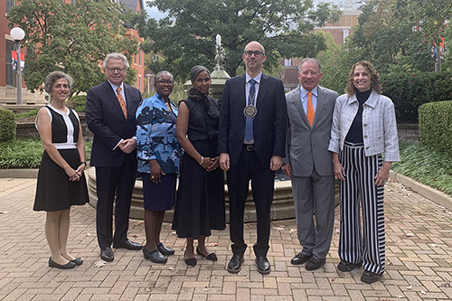 Campus celebrated the investiture of David Sepkoski as the Thomas M. Siebel Chair in the History of Science on Friday, Oct. 8.  Congratulations to Professor Sepkoski on receiving one of U of I's highest honors. Picture from left are Dana Rabin, chair of History at Illinois; Provost Andreas Cangellaris; LAS Dean Venetria Patton; Rana Hogarth, history professor; David Sepkoski; Thomas M. Siebel, philanthropist and alumnus; and Stacey Siebel.