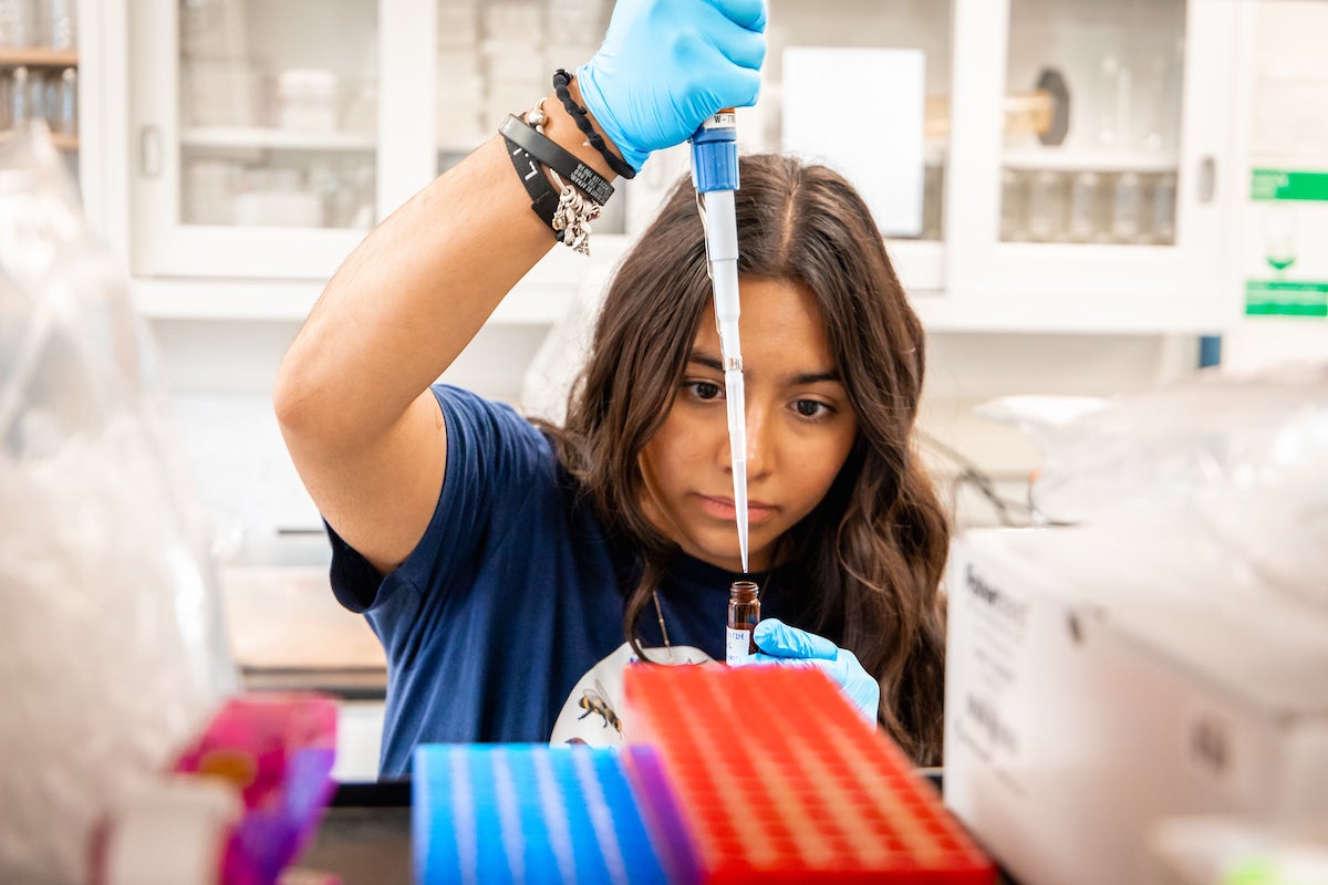 Student in a lab holding a pipette