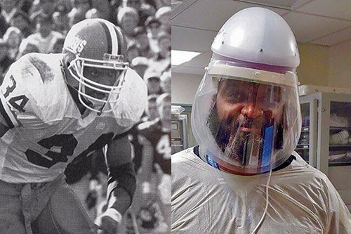 Two photos: Kameno Bell in football uniform and also an ER doctor uniform