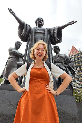 Marica pictured here in front of the Alma Mater statue