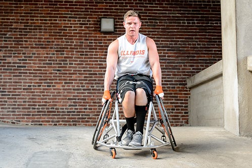 Michael Mitchell in the wheelchair he uses to play basketball at Illinois