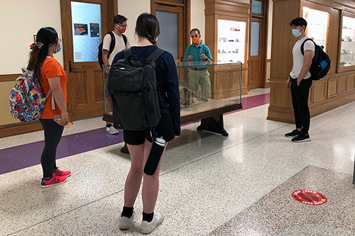 Students safely learning about geology in the Natural History building.