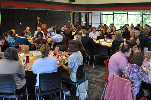 Faculty, staff, and more gather to discuss the LAS strategic planning during a series of round tables