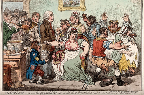Color etching of Edward Jenner vaccinating patients