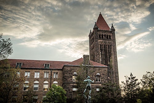 Altgeld Hall from the east, with the Diana Fountain in the foreground.