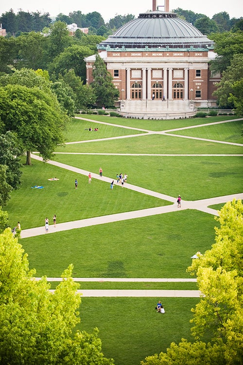 An aerial view of Foellinger Auditorium