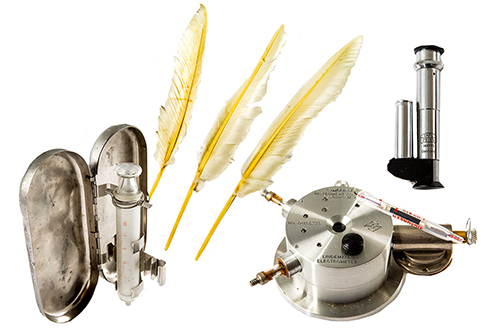 Syringe, feathers, electrometer, and spectrometer