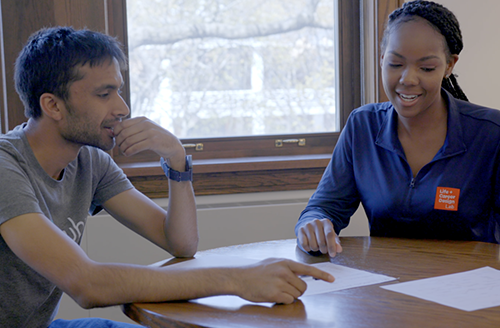 A student works with a peer advisor in the Life + Career Design Lab