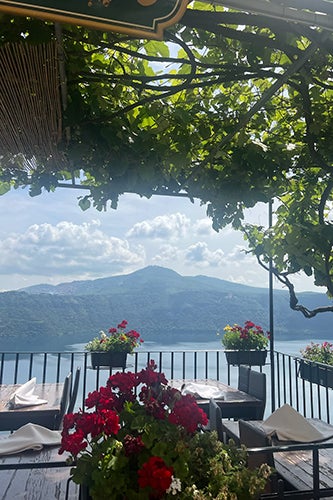 Roses at a Roman restaurant with mountains in the distance