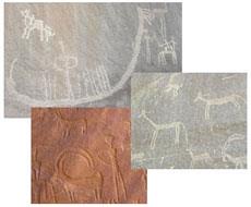 The two photos on gray rock are both part of a large scene about 50 feet up a mountain side. Many boats were depicted, and the location is presently 200 km from any source of water. The other rock art shows a multitude of critters and people in perfect stylized form as seen on early pottery.