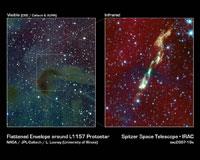 A rare, infrared view of the very young star L1157 with its flaring jets from NASA's Spitzer Space Telescope (right) shows us what our own solar system might have looked like billions of years ago. (Photo courtesy of NASA.)