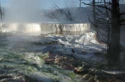 Much of Fouke's experiments were conducted at Yellowstone National Park's Mammoth Hot Springs, whose travertine terraces are ideal for measuring calcium carbonate growth.