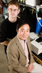 Chemistry professor Yi Lu, right, and graduate student Nathan Sieracki have developed a chemical buffer that maintains a desired pH at a range of low temperatures. (Photo by L.Brian Stauffer.)