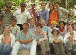 The field crew—front row, from left: teaching assistant Melissa Baltus, project worker Ernesto Vasquez, undergraduate Molly Haneberg, anthropology professor Lisa Lucero, teaching assistant Sarah Otten. Middle row: project worker Don Luna, undergraduates Elle Olszewski, Becky Gates, Susie Wachowski, Sara Schroeder, and Kat Kramer. Back row: project workers Juan Antonio Lopes, Cleofo Choc, and Stanley Choc, undergraduates Andrew Crawford, Cassidy Britton, and Peter Diebold.