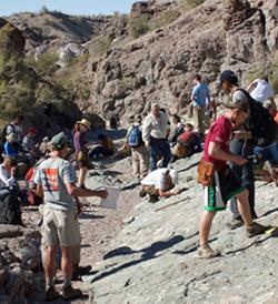 Members of Stephen Marshak's Geology 415/515 class study a major fault surface on the floor of the so-called 'A-bomb Canyon' in Arizona's Sonoran Desert. Contrary to its nickname, the canyon was not created by a nuclear bomb test, though millions of years of flash floods and fault activity leave the impression that the area was smashed by an explosion. (Photo courtesy of Stephen Marshak.)