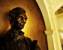 The bust of Abraham Lincoln, placed in Lincoln Hall's main foyer in 1928, has been removed for safekeeping until the building restoration is complete in 2012. The bust was sculpted by Hermon Atkins MacNeil. (Photo by Thompson-McClellan)