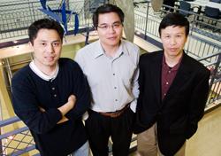 From left, Professors Yang Xiang, molecular and integrative physiology; Min-Feng Yu and Ning Wang, both professors of mechanical science and engineering, have developed a membrane-penetrating nanoneedle that deliversmolecules inside living cells. (Photo by L. Brian Stauffer.).