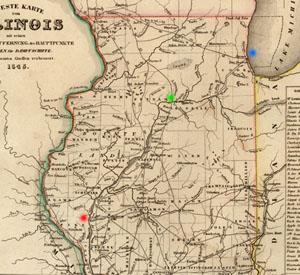 New Philadelphia (indicated in red) was once a thriving community that, in 1845, was anticipating the construction of the Illinois-Michigan Canal, which would be an important commercial route that linked the Illinois River with Lake Michigan. The canal operated from 1848 through the early 1900s.