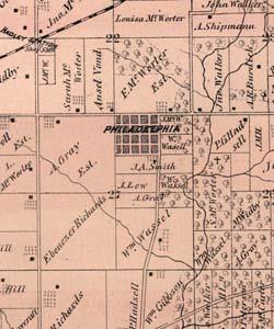 The grids of New Philadelphia are seen in this map from 1872. Frank McWorter's estate is immediately to the north.