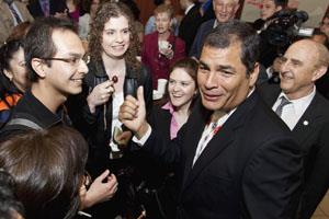 Ecuadorian President and U of I alumnus Rafael Correa Delgado returned to campus to receive the Madhuri and Jagdish N. Sheth International Alumni Award for Exceptional Achievement. (Photo by L. Brian Stauffer, courtesy of the U of I Alumni Association)