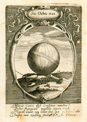 The Illinois mascot for the digitization project is the emblem of a crayfish carrying a globe on its back, with an accompanying motto: 'Sic orbis iter,' or 'Thus the way of the world.'