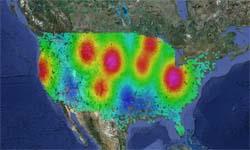 Advances in nationwide, interactive supercomputer networks and analytic software have led to new insights, such as this simulation of disease risks produced at the U of I. Pink and red colors indicate hotspots of high disease risk. (Image courtesy of Shaowen Wang and Yan Liu)