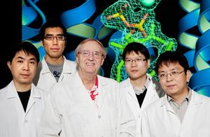 Chemists led by Illinois professor Eric Oldfield, center, determined the structure of a key enzyme that could lead to more efficient drugs to treat staph infections, parasites and high cholesterol. The research team, from left, research scientist Yonghui Zhang, graduate student Fu-Yang Lin, research scientist Rong Cao and postdoctoral associate Ke Wang. (Photo by L. Brian Stauffer)