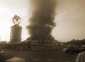 The 2011 Omani protests in the Gulf country of Oman were a part of the revolutionary wave known as the Arab Spring. Here, protesters set ablaze to the Lulu hypermarket in Sohar in February.