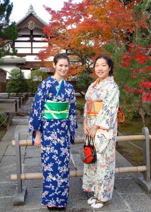 Dana Fager (left), this year's recipient of the Illinois International Undergraduate Achievement Award, and her friend wear kimonos, traditional Japanese clothing.