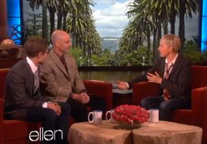 Psychology professor Daniel Simons (center) demonstrated some brain games on the Ellen Show with Jonah Lehrer (left), a contributing editor at Wired.