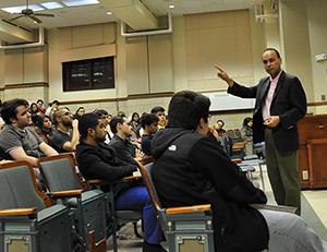 U.S. Rep. Luis Gutierrez (D-Ill.) speaks to a full auditorium in Gregory Hall about immigration reform and growing up the son of Puerto Rican migrants.