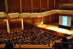 Students at the 2013 LAS Welcome hear about the 100-year anniversary of the College of Liberal Arts and Sciences.