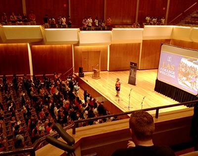 Dean Barbara Wilson receives a standing ovation from freshmen at the LAS Welcome in August.