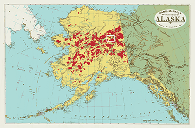 Researchers studied fire activity in a 2,000-square kilometer region of the Yukon Flats in Alaska. The study area lies within the white rectangle on the map. Zones burned in Alaska since 1950 are in red. Graphic by Diana Yates (Alaska Fire Service data)