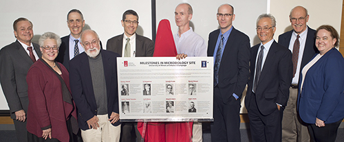 (From left) Stephen Sligar, director of the School of Molecular and Cellular Biology, Swanlund Endowed Chair, and professor of biochemistry, chemistry, biophysics and computational biology; Michele Mariscalco, regional dean of the College of Medicine; Peter Schiffer, vice chancellor for research and professor of physics; John Cronan, head of the Department of Microbiology and professor of biochemistry; Gene Robinson, director of the Carl R. Woese Institute for Genomic Biology, Swanlund Chair, and professor of entomology; William W. Metcalf, G. Williams Arend Professor in Molecular and Cellular Biology and professor of microbiology; Edward Feser, interim provost and vice chancellor for academic affairs and dean of the College of Fine and Applied Arts; Feng-Sheng Hu, associate dean for life and physical sciences at the College of LAS and Ralph E. Grim Professor of Plant Biology and Geology; Robert L. Switzer, professor emeritus of biochemistry and honorary microbiologist; and Brenda Wils