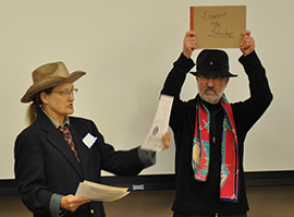 Illinois history professors Kathryn Oberdeck and Mark Steinberg portray Big Bill Haywood and Elizabeth Gurley Flynn, respectively, founders of Industrial Workers of the World, during a “Reacting to the Past” teaching conference at Illinois.