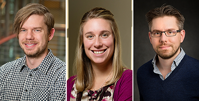 Three Illinois faculty members were awarded 2015 Sloan Research Fellowships. From left: Ryan J. Foley, astronomy and physics; Alison R. Fout, chemistry; Thomas E. Kuhlman, physics.