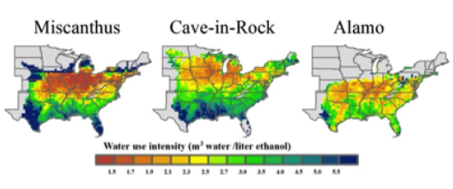 This figure shows how much water is used to produced one unit of ethanol (defined as water use intensity) for each energy crop. (Image courtesy of Atul Jain.)